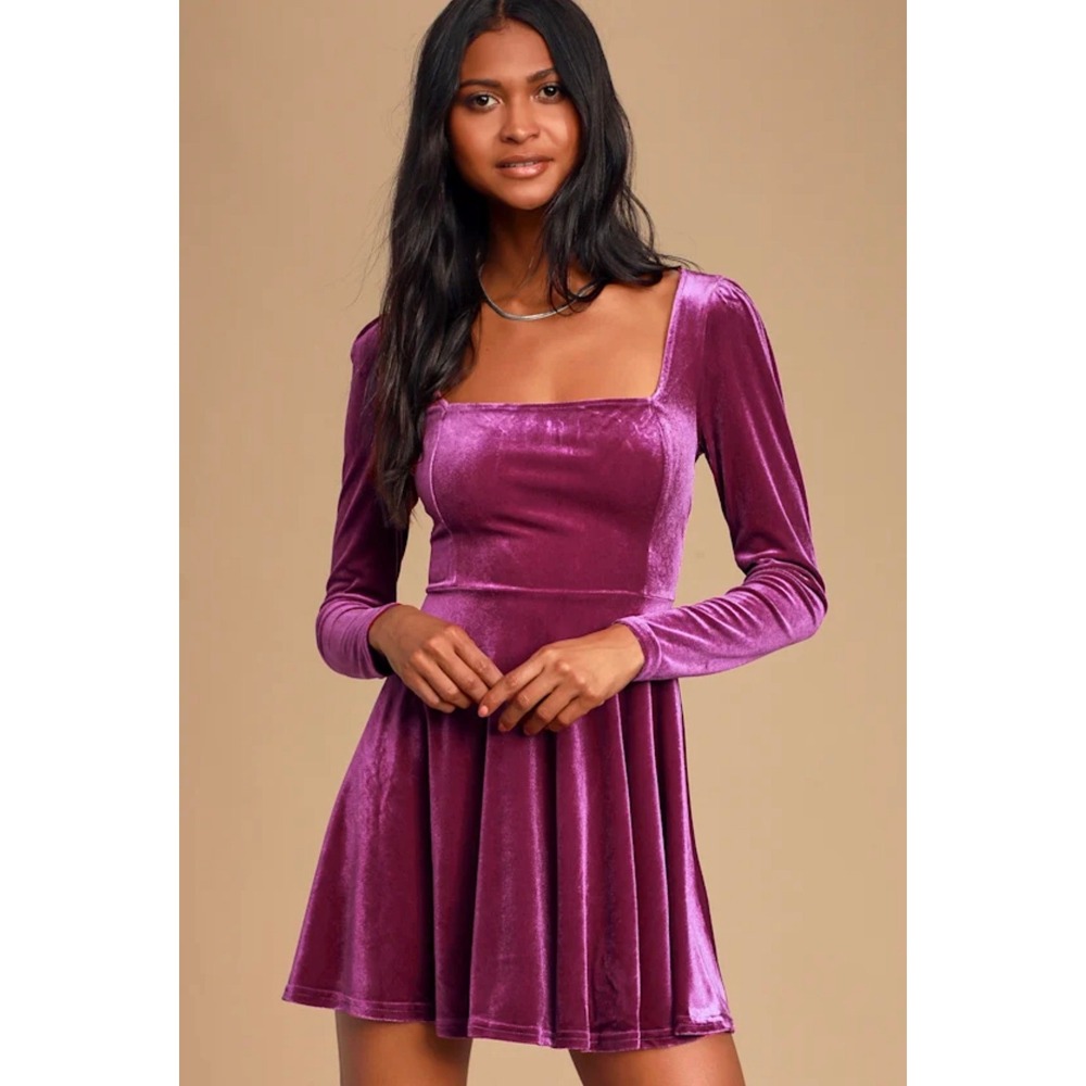 Lulus Womens XL Velvet Square Neck Skater Mini Dress Magenta Purple Long Sleeve